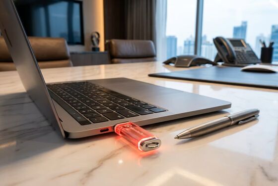 Гравировка логотипа на акриле внутри поддержки USB-флеш-накопителя. Идеальный выбор для технических конференций и выставок.